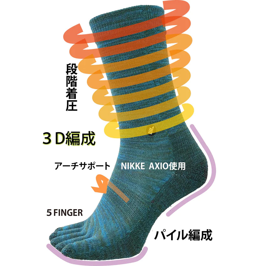 パフォーマンスウール5フィンガークルー丈(AXIO素材の5フィンガーソックス)【OLENO】