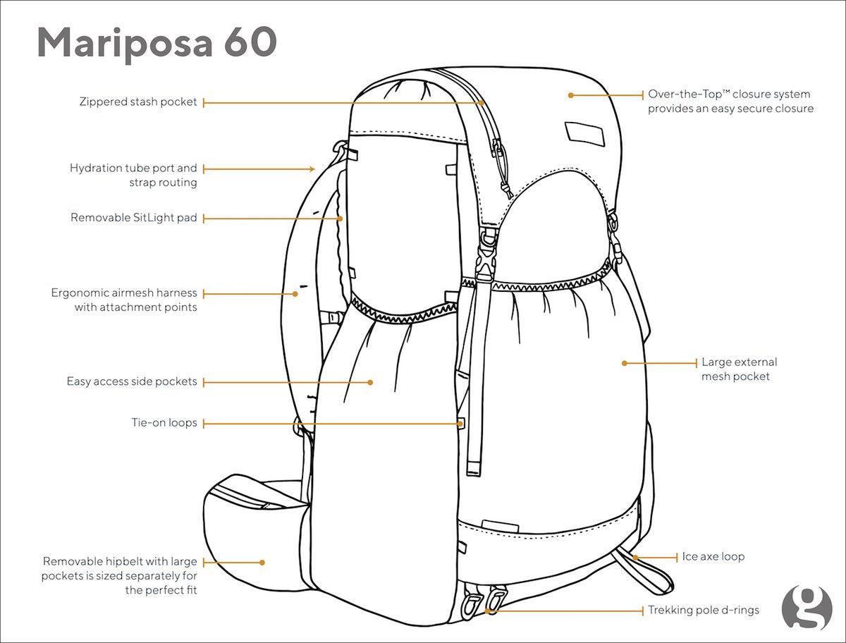 MARIPOSA 60 R(60L/978g/フレームあり/太めのウエストベルトで安定感)【GOSSAMER GEAR】