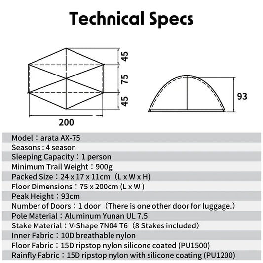 arata AX-75 Version 2.0〈ペグ別売り〉(小柄な人の体格に合わせたオールシーズン山岳テント)【arata】