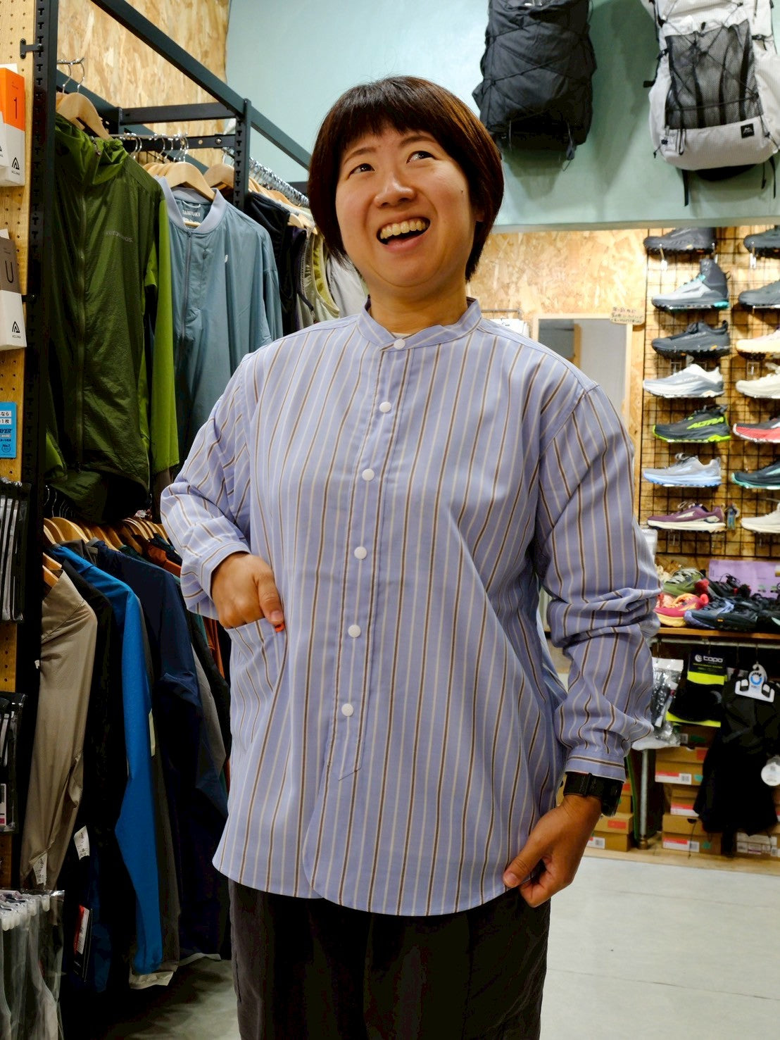 woolenストライプシャツ(バンドカラー)【SANKAKU STAND】