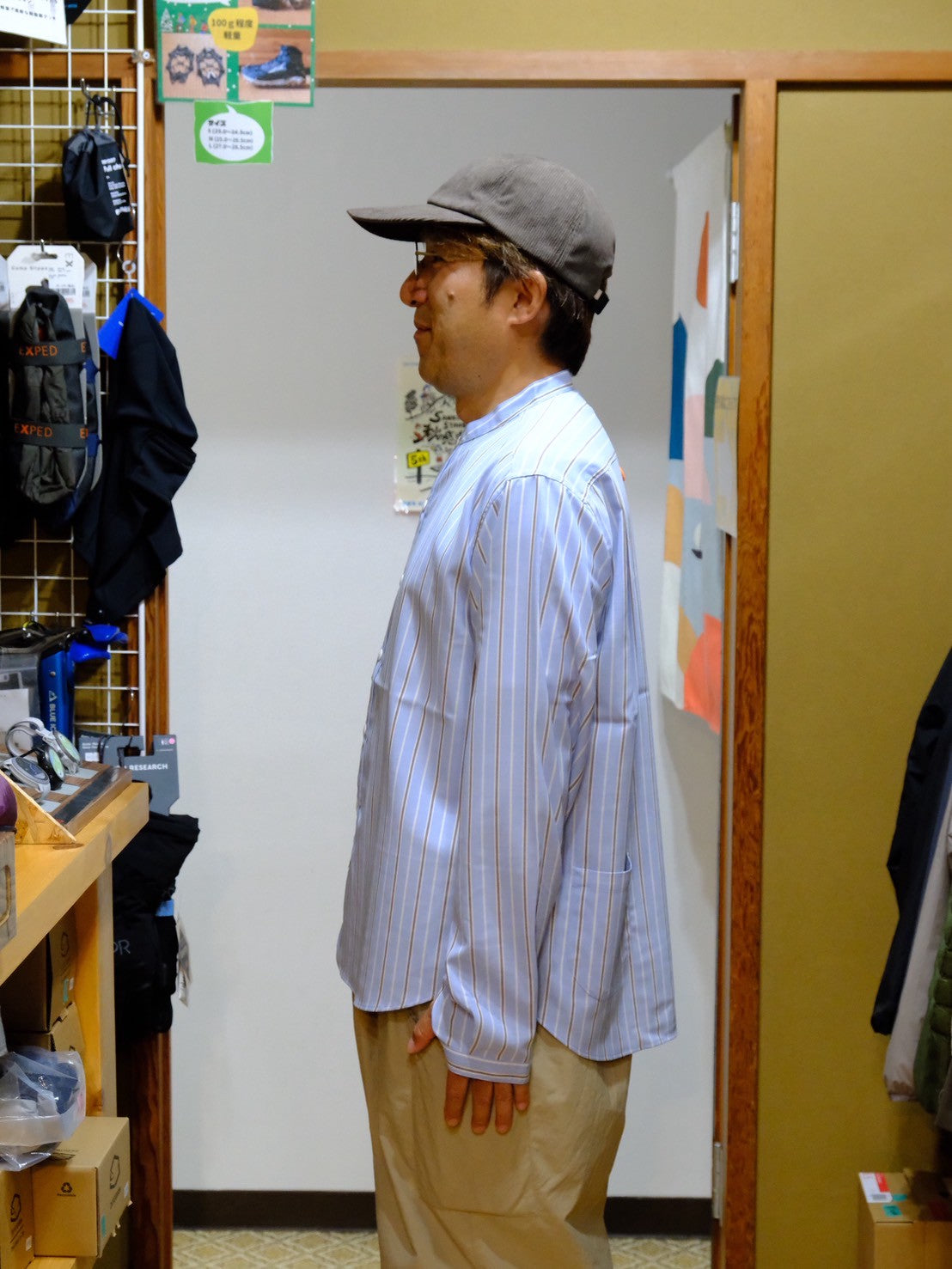 woolenストライプシャツ(バンドカラー)【SANKAKU STAND】