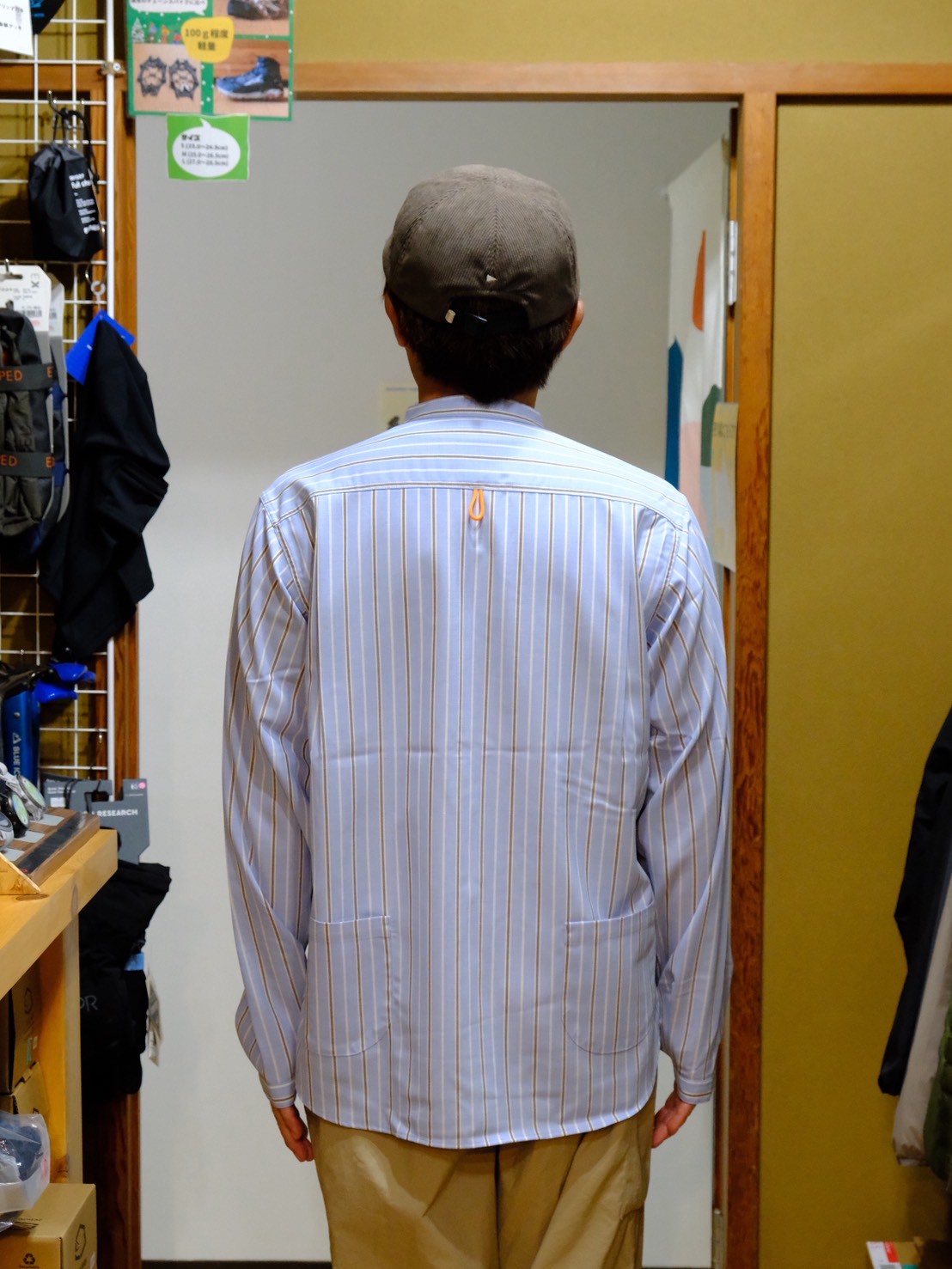 woolenストライプシャツ(バンドカラー)【SANKAKU STAND】