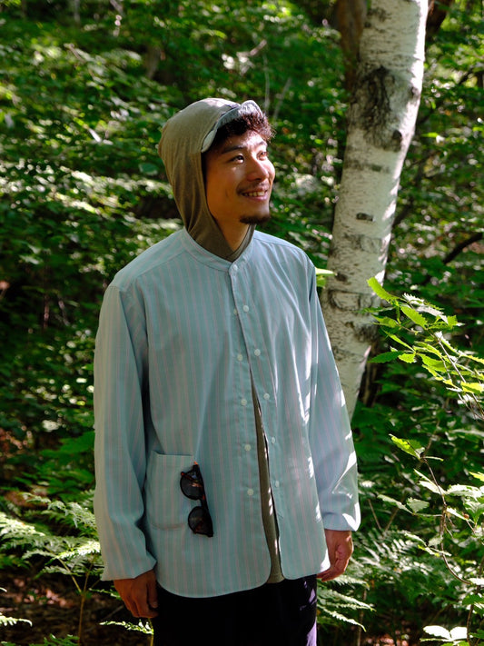 woolenストライプシャツ（バンドカラー）【SANKAKU STAND】