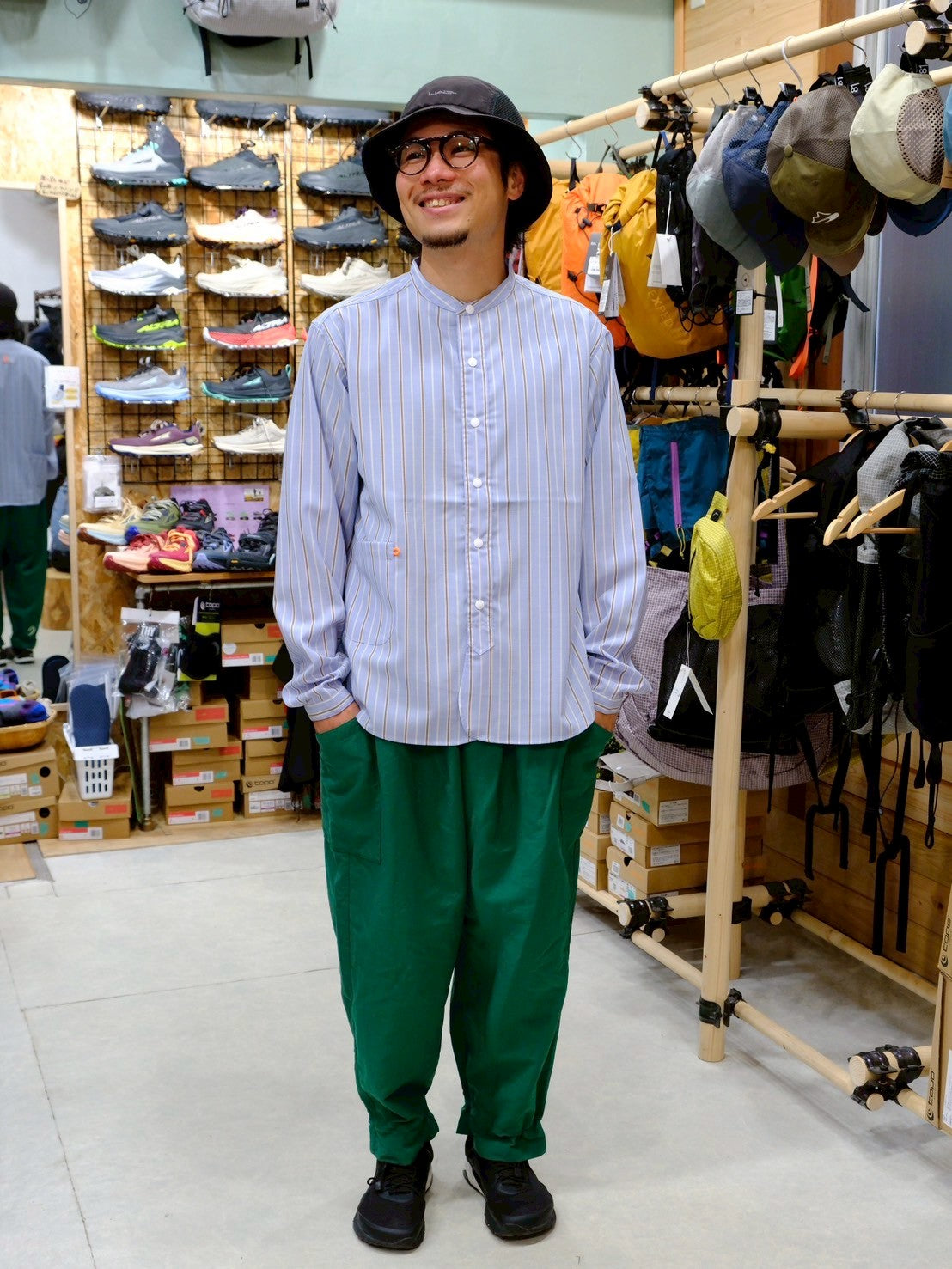 woolenストライプシャツ（バンドカラー／ウール混オリジナルシャツ）【SANKAKU STAND】