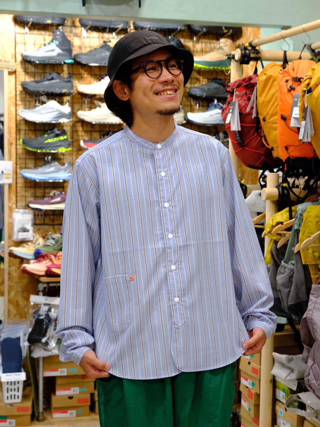 woolenストライプシャツ（バンドカラー／ウール混オリジナルシャツ