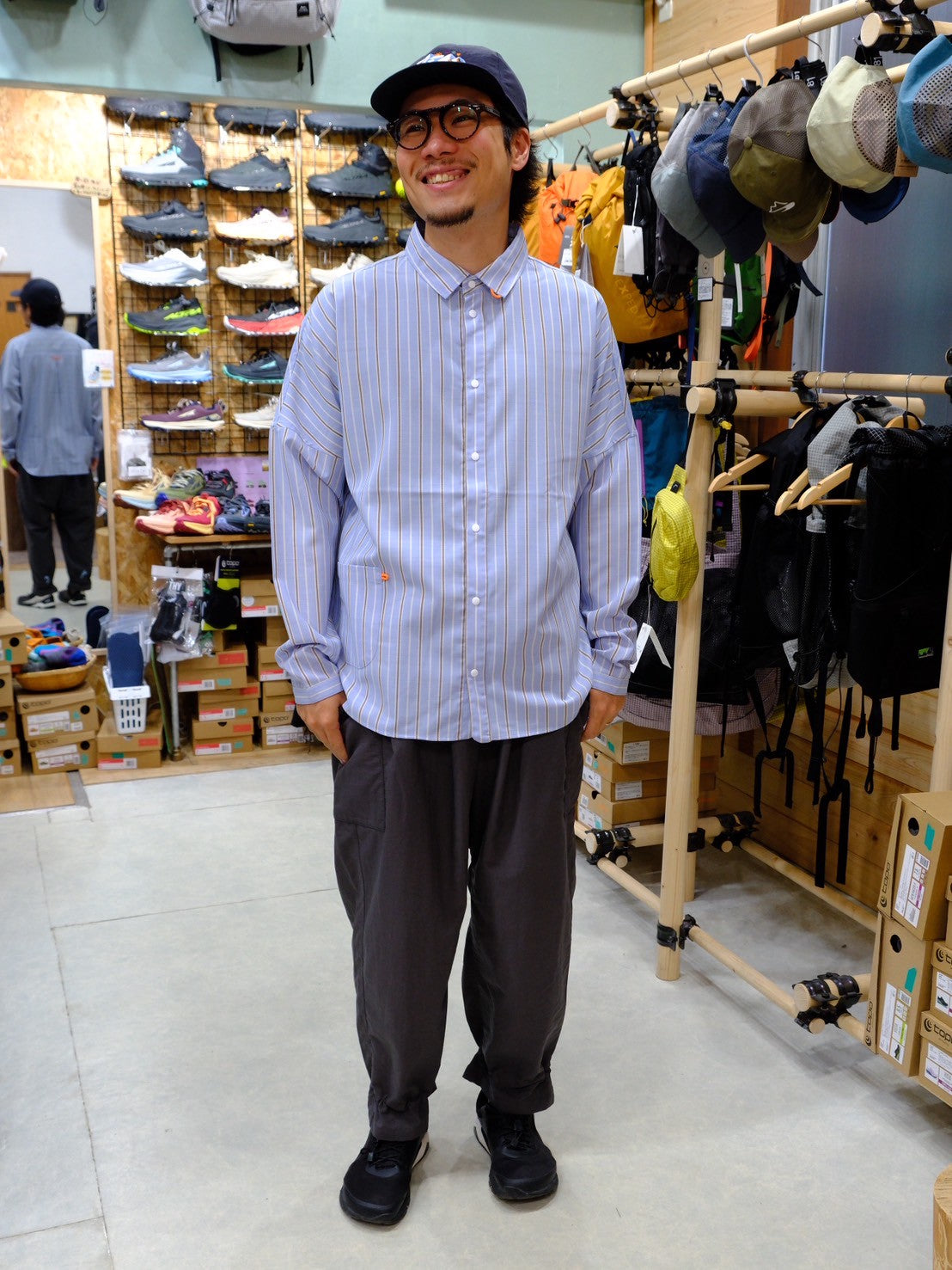 ムササビwoolenストライプシャツ（襟付き・ウール混オリジナルシャツ）【SANKAKU STAND】