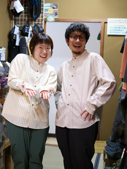 woolenストライプシャツ（バンドカラー／ウール混オリジナルシャツ）【SANKAKU STAND】